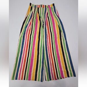 Farm Rio Pants Flare Wide Leg Rainbow Stripe Linen High Rise Size S Womens